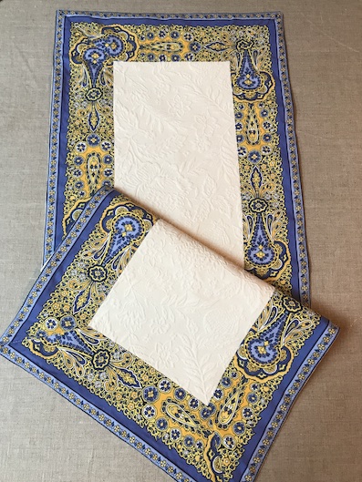 french table runner with contrasting blue border